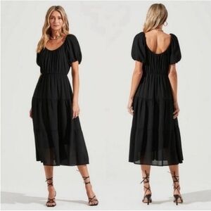ASTR the label Smocked Tiered Maxi Dress Black Gauze Puff Sleeve Scoop Neck XL